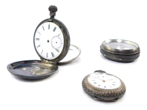 A gentleman's silver full hunter pocket watch, circular enamel dial bearing Roman numerals, subsidiary seconds dial, the case with engine turned decoration, stamped 935, together with a Victorian gentleman's silver pocket watch case, Birmingham 1900, and 