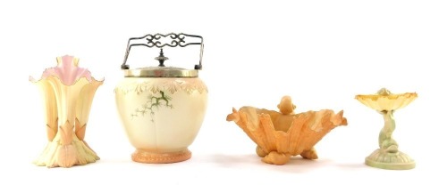 A group of late 19thC Worcester blush porcelain, comprising a Graingers Worcester and Company scallop shell bowl, painted with flowers, raised on three whelks shell feet, a pedestal salt, with a shell shaped bowl raised on a dolphin support, G49, a Locke 