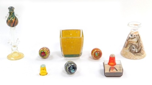A Goebel glass ornament, decorated with panels after Gustav Klimt, of Adele Bloch-Bouer, together with a Gozo glass paperweight, Venetian glass pepperette by Gazelle, and two Caithness glass thimbles and three glass eggs. (8)