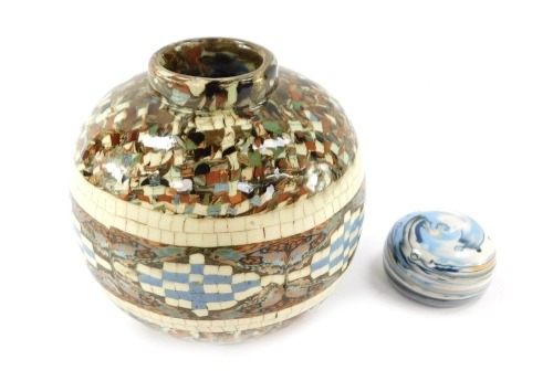 A Vallauris pottery agate ware vase, of globular form, signed, impressed mark, 12.5cm high, together with a Dunster Protean agate ware paperweight, impressed mark, 8.5cm diameter. (2)