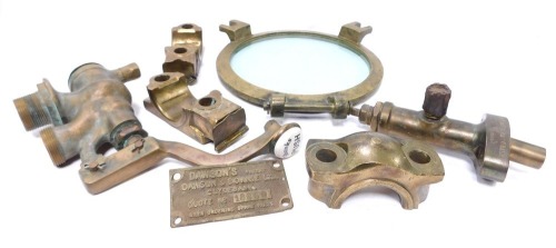 A brass porthole cover, 30cm diameter, a military valve 11XI, no.8625, a Shanks vintage plumbing tap with push lever and three engine mounts converted to inkwells.