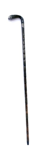 A Victorian bamboo Sunday Golf walking stick, with horn club handle, having plated mount and ferrule, with foliate engraving, the ferrule with oval reserve engraved 'Horace Brumfitt, Fairfield, Morley', 84cm wide.