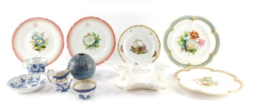 A Goebel pottery vase, design by B Misic, of sea urchin form, printed mark, a German porcelain tea cup and saucer, decorated in the Onion pattern, Booths Real Old Willow cream jug and sugar bowl, Continental white glazed porcelain basket, and five Victori