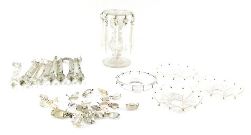 Glass lustres, comprising a clear cut glass lustre, with prismatic drops, 17cm high, and various lustre drops, hanging bowls, etc. (a quantity)
