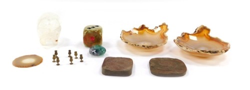 A quartz skull, 9cm high, a green onyx dice paperweight, crystal heart, two replica ammonites, a pair of carved agate bowls, an agate geode and seven miniature brass goblets. (a quantity)