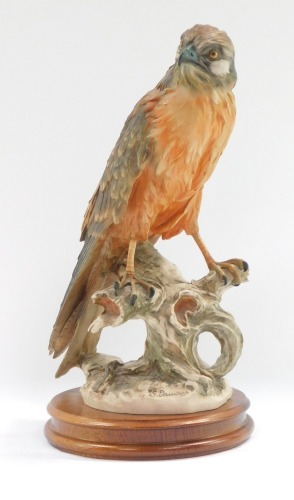 A Capo di monte figure of a bird of prey, on a oval turned wooden base, bearing signature G Armani, 36cm high.