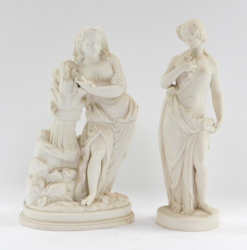 Two Parian porcelain figures, comprising a lady semi clad with flowers, 33cm high, and a lady in flowing gown carrying wheat, 33cm high. (2, AF)