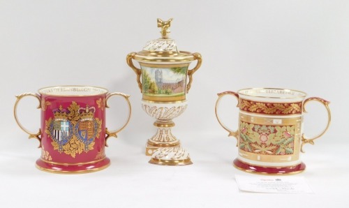 Three items of Spode China, comprising a Spode limited edition loving cup, The Silver Jubilee loving mug, and the Silver Wedding of HM The Queen and the Duke of Edinburgh 1947-1972 loving cup, one with certificate, together with a limited edition Westmins