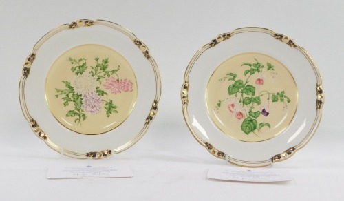 Two Royal Crown Derby collector's plates, comprising The Flowers for an Indian Prince Fuchsia, limited edition 603/1500, and The Chrysanthemums, 585/1500, boxed, with certificates, 22cm wide.