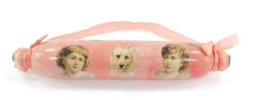 A Victorian glass and decoupage rolling pin, with applied detail of Bloodhound, Mastiff and Bassett dogs, deers and lady figures, with ribbon tie ends, 40cm long.
