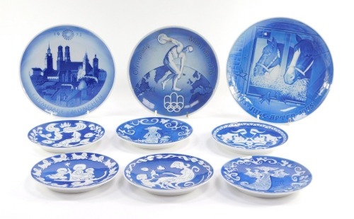 A group of Royal Copenhagen collector's plates, comprising 1972 Olympiad Munich, 1977 Montreal Olympics, 1895 Jule after 1975 Christmas Night in Stable collector's plate, and a set of six Mother's Day plates for 1973, 1972, 1977, 1971, 1976, and 1974. (9)