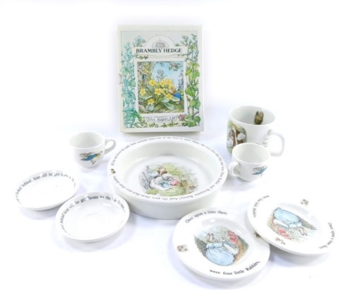 Royal Doulton Brambly Hedge wares, comprising five boxed Brambly Hedge collector's plate, The Seasons and Midwinter's Eve, a small group of Brambly Hedge by Collins story books, in presentation pack, a Wedgwood Mrs Tiggywinkle cup, Wedgwood Peter Rabbit c