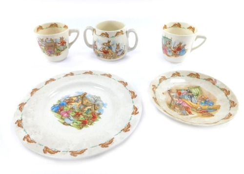 Royal Doulton Bunnykins, comprising cup and saucer, cup, twin handle cup and plate. (5)