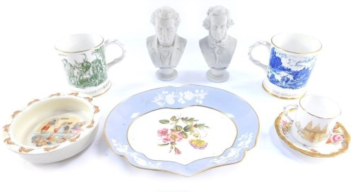 A group of named ceramics, comprising a Coalport Father's Day 1977 mug, a 1978 mug, Royal Worcester commemorative coffee can dated 1981, Hammersley china saucer, Bunnykins bowl, two Wedgwood blue Jasperware plaques, two parian busts modelled as Schubert a