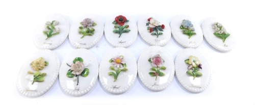 A group of Coalport flower wall plaques, for eleven months of the year, March lacking, each 12cm high. (11)