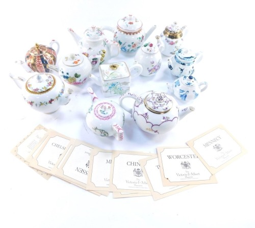A group of Victoria and Albert Museum porcelain collector's teapots, to include Worcester, Tourney, Menasea, Chinese, Meissen, and others, each with certificate. (a quantity)