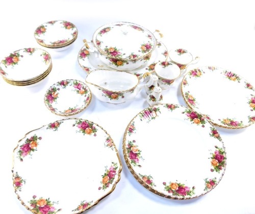 A group of Royal Albert Old Country Roses, including gravy boat, soup bowls, dinner plates, cake plate, tea cups, tureen and cover, pepper pot, etc. (a quantity)