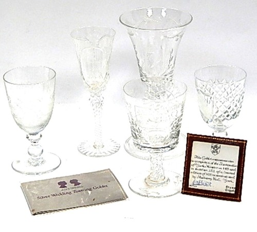 A group of crystal and cut glass goblets, wedding toasting goblet, Silver Wedding of H M Queen Elizabeth II and HRH Prince Philip Duke of Edinburgh goblet, Mayflower commemorative goblet, a York Minister Restoration goblet, etc, the largest 23cm high, the