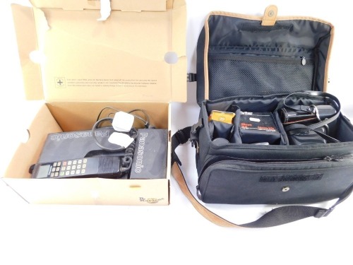 A group of cameras and camera equipment, comprising a Clubman tripod, a Pentagon box camera, a macro lens, a Vivitar 1-3.5 lens, Panasonic telephone, etc. (a quantity)