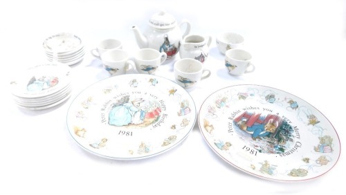 A Wedgwood Peter Rabbit child's tea set, comprising teapot, six cups and saucers, milk jug, six side plates and two cabinet plates.