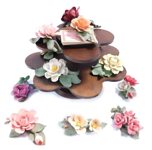 A group of Capo di Monte porcelain flowers, on presentation stand, some with certificates. (AF)