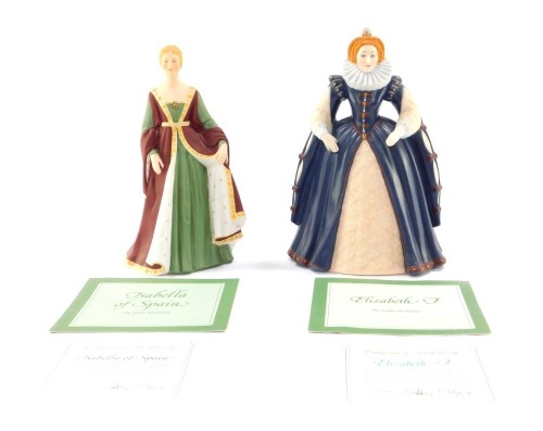 Two Franklin porcelain figures, comprising Elizabeth II, 21cm high, and Isabella of Spain, 20cm high, each with certificate. (2)