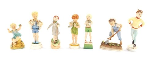 A set of Royal Worcester Seven Days male child figures, No 3261, 3521, 3519, 3534, 3524, 3256. (AF)