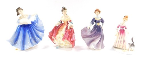 Four porcelain figures, comprising three Royal Doulton, comprising Jacqueline HN2333, Southern Belle HN2229, and Elaine HN2791, and a Francesca Art China Friday's Child is loving and giving figure. (4)