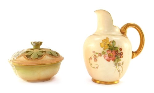 Two items of Royal Worcester blush porcelain, comprising a cream jug decorated with flowers, no 1094 11cm high, and a pot pourri jar and cover, no 890, 6cm high. (2)
