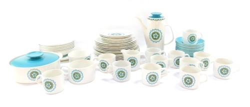 A J & G Meakin Capri pattern pottery part coffee and dinner service, comprising coffee pot, service tureen, cups and saucers, milk jug, sugar bowl, gravy boat, cake plate, six bowls, etc. (a quantity)