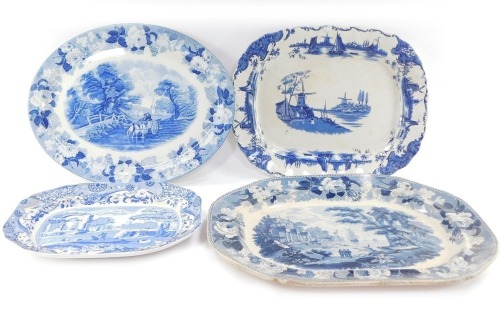 Four 19thC and early 20thC blue and white meat plates, comprising a Woods Ware English Scenery platter, platter decorated with a windmill, platter printed with a Romantic scenery pattern, and a Copeland Spode Italian pattern platter, largest 51cm wide, th