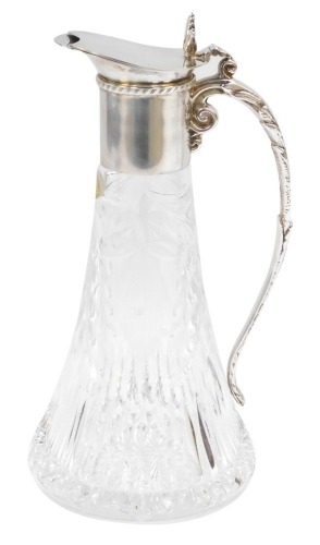 A Royal Brierley crystal claret jug, with silver plated mount, handle and hinged lid, 26cm high.