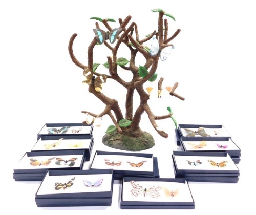 A Mayfair Edition butterfly branch, the metal tree stand with various magnetic butterflies, 50cm high, all of the butterflies boxed.