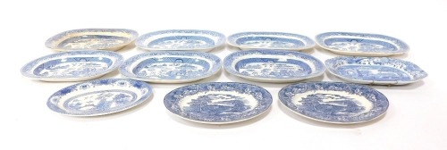 A group of blue and white meat plates, all unmarked circa early 20thC, the largest 41cm wide, the smallest 29cm wide.