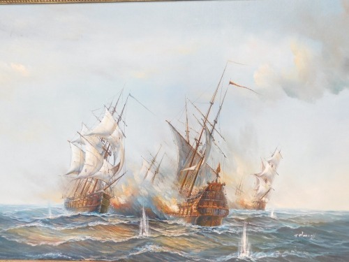 J Harvey (20thC). Eighteenth Century sea battle, oil on canvas, signed, 59.5cm x 85cm.