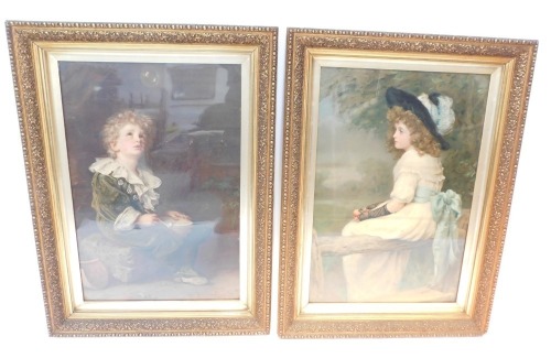 A pair of Pears prints, comprising Bubbles, and lady with fruit, after Gainsborough, in ornate gilt frames, glazed, 72cm x 43cm. (2)