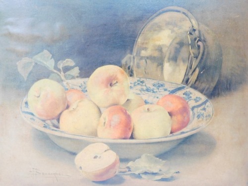 After A F Bonnardel. Still life of fruit in a blue and white bowl, print, 40cm x 49cm, in black ebonised floral frame.