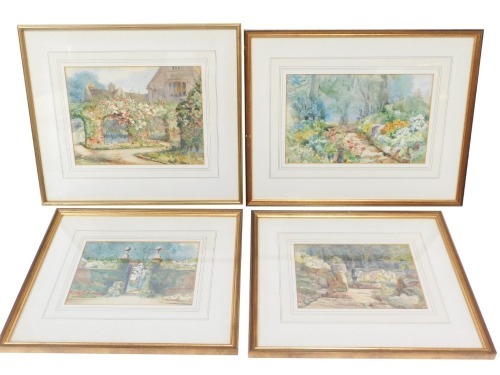 E C Amcotts (20thC School). Four courtyard and garden scenes at Greatford House, watercolours, each signed, various dates to include 1911, 1902, and 1905, 21cm x 29cm (x2), and 17cm x 23cm (x2), framed and glazed. (4)