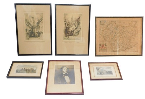 A group of 19thC and later prints, comprising After Rumpp, Felix The Great, Oristano, 20thC and later framed map of Leicester, South View of Leicester Abbey and two print etchings After F Robson of York Minister and Castle Garth, Newcastle Upon Tyne. (6)