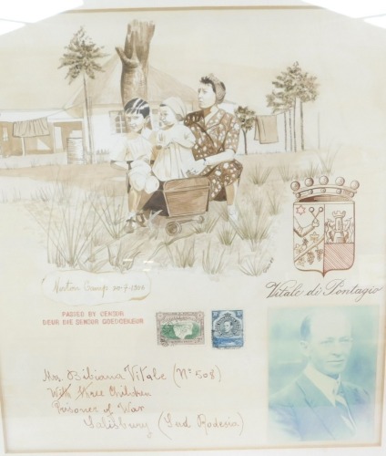 Italian School (20thC). Mrs Bibiana Vitale and children, prisoner of war, Norton Camp, Salisbury Southern Rhodesia, ink and watercolour and collage, 32.5cm x 29cm. (AF)