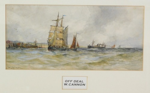 W Cannon (20thC School). Off Deal, ships in rough seas, watercolour, 13.5cm x 29cm, mounted and framed.