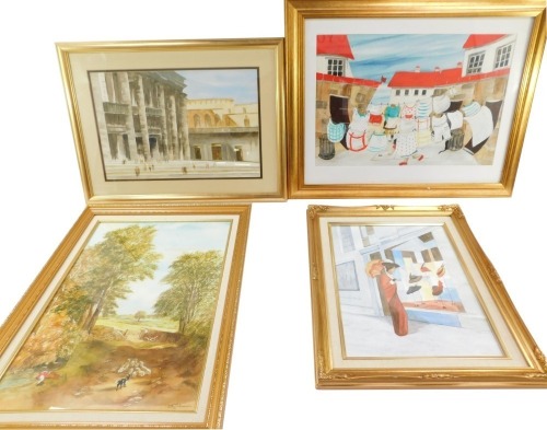 Betty Adams (21st School). Four various watercolours, comprising architectural buildings, signed and dated 07, 27cm x 40cm, Lady shopping for hats, watercolour, 35cm x 26cm, a farming scene with sheep dog and sheep, 16cm x 32cm, and Laundry Day, oil paint