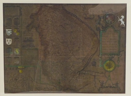 After Robert Morden. A late 20thC map of Lincolnshire, stained and later over painted, 34cm x 25cm, framed and glazed.