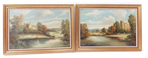 20thC School. Country scenes, with rivers and cattle, oil on canvas, indistinctly signed, 39cm x 59cm, in gilt frames.