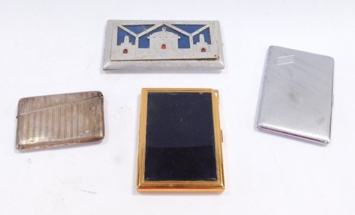 A George V silver cigarette case, with engine turned decoration, circular vacant reserve, Chester 1913, 2oz, Together with a WWII metal cigarette case, decorated to the front with a mosque, verso etched with a horseshoe, horse's head and flowers, 15cm wid