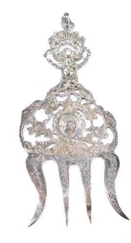 An early 20thC continental silver bread fork, cast with masks, putti, flowers and rococo scrolls, imports marks, Theodor Hartmann, London 1902, 2oz.