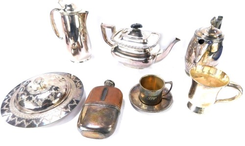 Victorian and later plated wares, including a Victorian gothic butter dish and cover, Lambert of Coventry Stree semi fluted crested coffee jug and cover, Askey of Nottingham tankard, and a leather bound hip flask (a quantity).