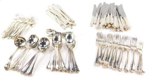 A set of silver plated Dubarry pattern cutlery, to include a twelve piece setting with starter knives and forks, table knives and forks, tablespoons, teaspoons, serving spoons and two ladles, A1 plate.