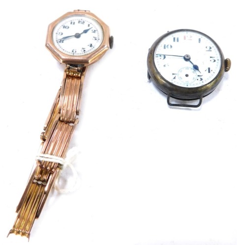 Two wristwatches, comprising a 9ct gold octagonal cased wristwatch, on a white ceramic dial with blue hands, on expanding three bar bracelet, rose gold yellow metal unmarked, 26.2g all in, together with a silver headed wristwatch. (2)