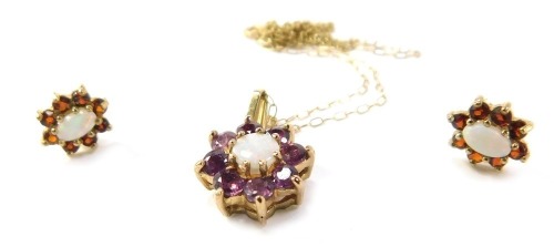 A group of jewellery, comprising a 9ct gold amethyst and opal set with cluster earrings and pendant and chain, the chain AF, 3.4g all in.
